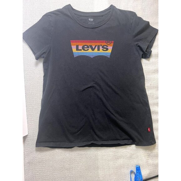 Girls Levi’s T-shirt size Large Black Multi-colored Logo Red Tab - Picture 1 of 9